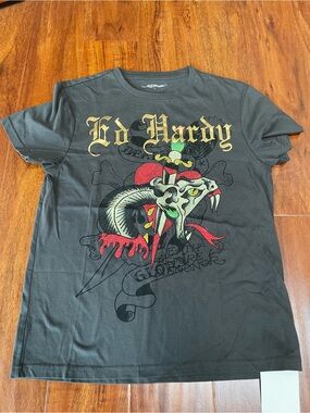 Ed Hardy Black Tee with Red & Green Snake Graphic